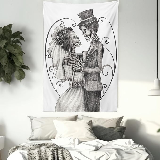 Ambesonne Day of the Dead Tapestry, Love Skull Skeleton Marriage Eternal Love Theme Spanish Art, Wall Hanging for Bedroom Living Room Dorm Decor, 60" X 80", Dimgrey White