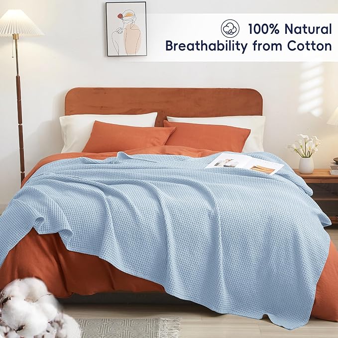 PHF Pre-Washed Cotton Waffle Weave Blanket Throw Size for Couch Bed,Snag Proof Spring Summer Lightweight Breathable,Oeko-TEX Certified,Machine Washable, Home Decor Gift,Sky Blue/Baby Blue