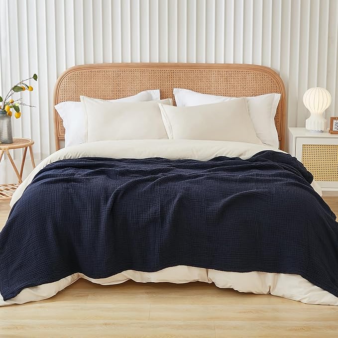 EMME Cotton Throw Blanket for Couch Soft Muslin Blankets 50"x60" Lightweight Breathable Blanket All Season Gauze Blanket, Navy
