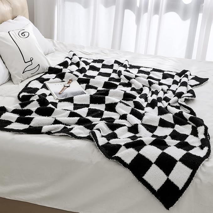 Super Soft Luxurious Warm Checkered Throw Blanket - Reversible for Couch, Bed, Sofa - 50x60 Inches - Black and White Pattern