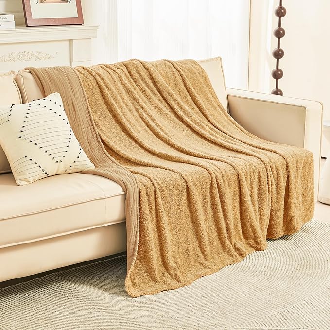 EMME Muslin Cotton Fleece Throw Blanket Reversible - 50"*60" Beige Soft Warm Throw Blankets for Couch Bed Picnic Travel Bed