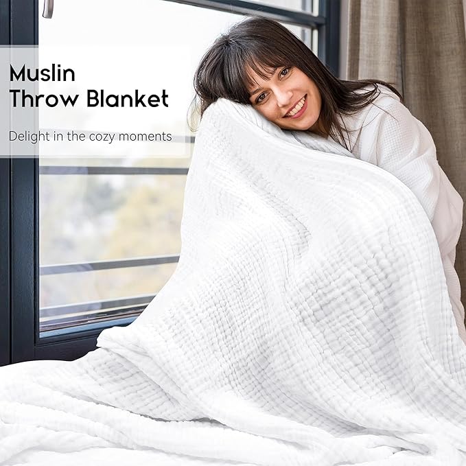 Yoofoss Muslin Blanket 100% Cotton Throw Large 50" x 60" for Bed Couch Summer Gauze Blanket for Adults Lightweight and Breathable White
