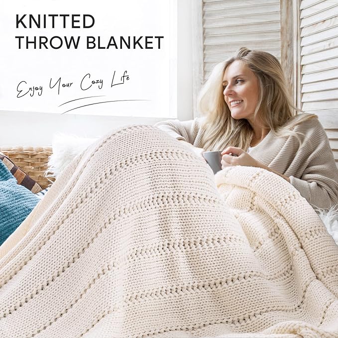 RECYCO Cable Knit Cream White Throw Blanket Twin Size for Couch, Super Soft Warm Cozy Decorative Knitted Throw Blanket 3.6LB for Bed, Sofa, Chair Large 60"x80"