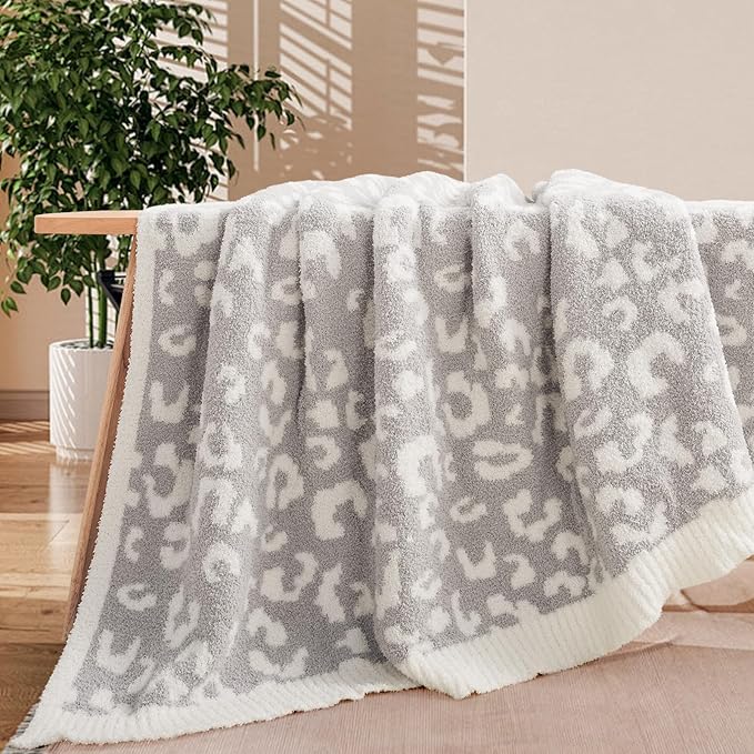 NEXHOME PRO Leopard Soft Blanket Twin Size, Fuzzy Throw Blanket for Couch Bed Sofa Picnic, Knit Blankets for Women Gifts Grey 60 x 80 inches