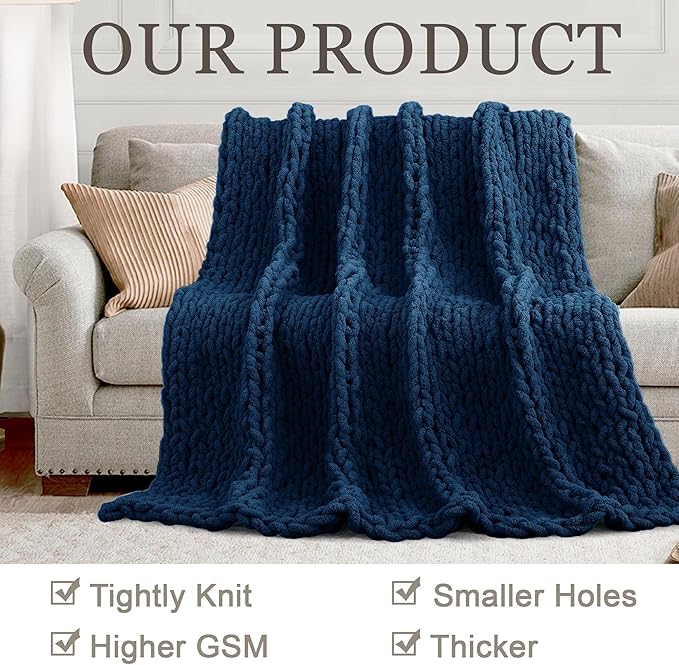 Chunky Knit Throw Blanket 50"X 60", 100% Handmade with Soft Chenille Yarn, 4.4lbs Thick Cable Knitted Blankets, Large Rope Knot Crochet Throws for Couch Sofa Bed Home Decor, Navy Blue