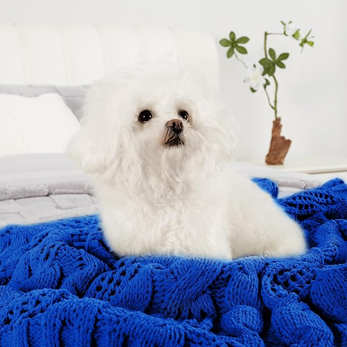 Amélie Home Chunky Knit Chenille Throw Blanket, Breathable Cable Knitted Blanket for Couch, Farmhouse Decorative Throw for Sofa Chair Bed, 50"x60", Blue