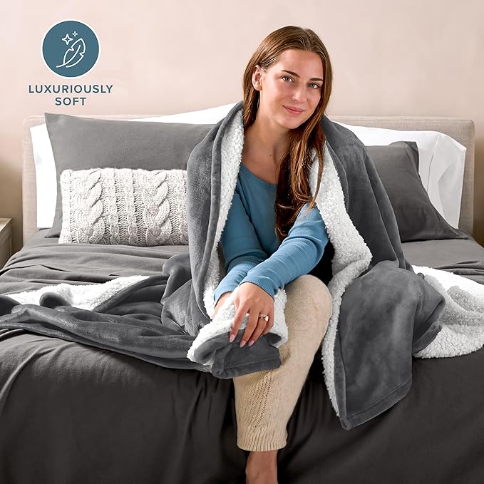 Bare Home Sherpa Fleece Blanket - King Size - Blanket for Bed, Sofa, and Couch - Warm & Lightweight - Fluffy & Soft - Reversible (King, Grey)