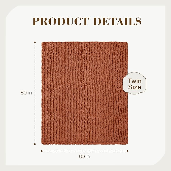 Carriediosa Chunky Knit Throw Blanket 60" X 80" Twin, 100% Hand Made Large Chenille Loop Yarn Soft Fluffy Throws for Couch Sofa Bed, Big Crochet Cozy Heavy Thick Cable Woven Blankets, Rust