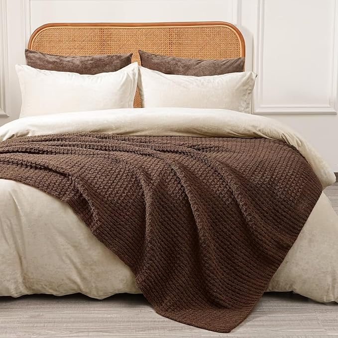 PHF Chenille Waffle Knit Blanket Twin Size- Plush Warm & Cozy 60" x 80" Ultra Soft Blanket- Chunky Fluffy Waffle Bedding for Home Decor - Cocoa Brown