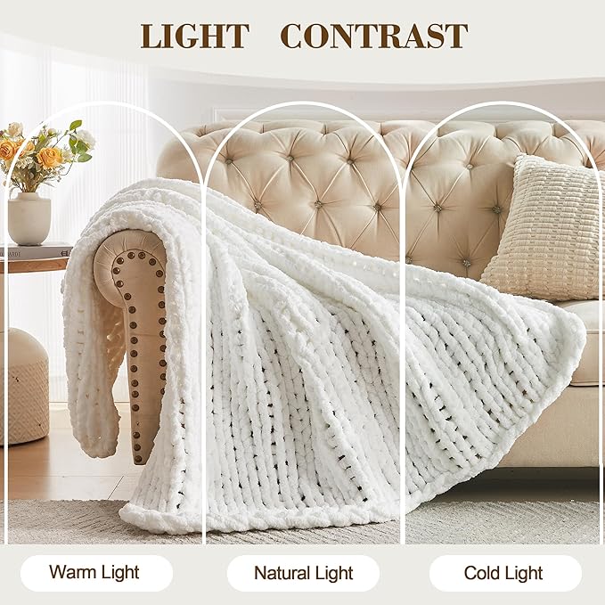 Carriediosa Chunky Knit Throw Blanket 50" X 60", 100% Hand Made Large Chenille Loop Yarn Soft Fluffy Throws for Couch Sofa Bed, Big Crochet Cozy Heavy Thick Cable Woven Blankets, Snow White