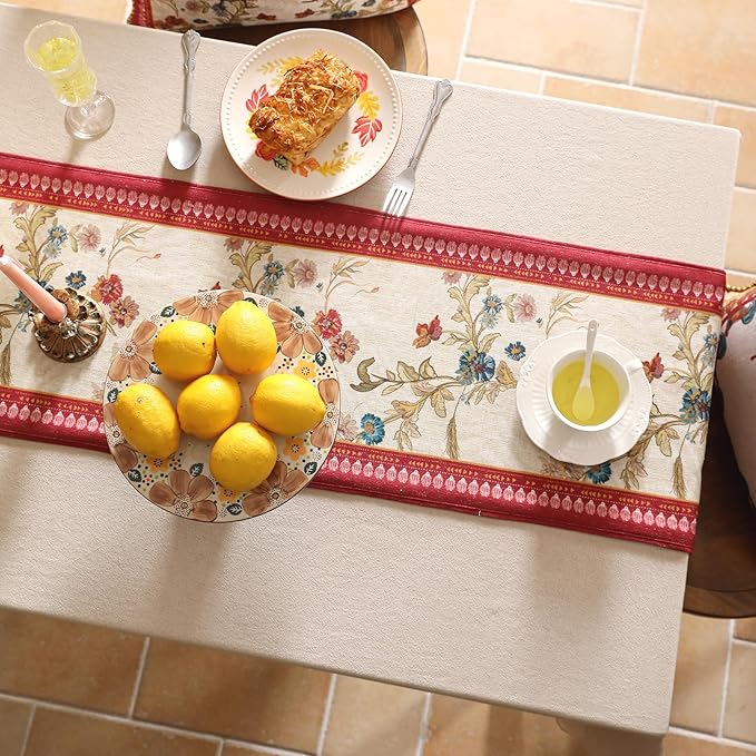 patdrea Designer Farmhouse Linen Table Runner, Rustic Cottage Mauve with Rooster and Floral Pattern Fabric Table Mat, Decoration for Kitchen Dining Coffee Table Banquet Christmas , 12"*87"