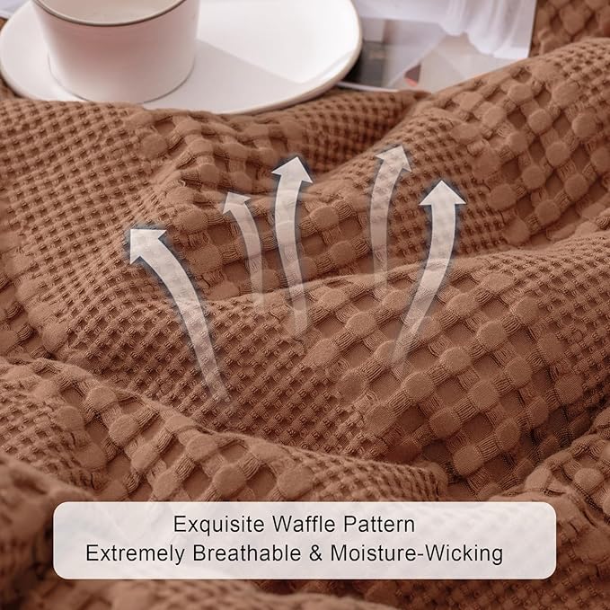 PHF Cooling Waffle Blanket Twin Size, Lightweight 60% Rayon Derived from Bamboo & 40% Cotton Breathable Blanket for Hot Sleepers, Soft and Luxury for Bed Couch and Sofa, 66"x90", Burnt Umber
