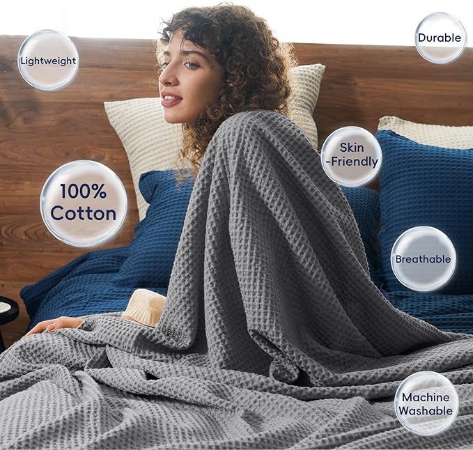 PHF Pre-Washed Cotton Waffle Weave Blanket Queen Size for Bed,Snag Proof Throw Blanket for Couch Spring Summer Lightweight Breathable,Oeko-TEX Certified,Machine Washable, Home Decor Gift,Charcoal