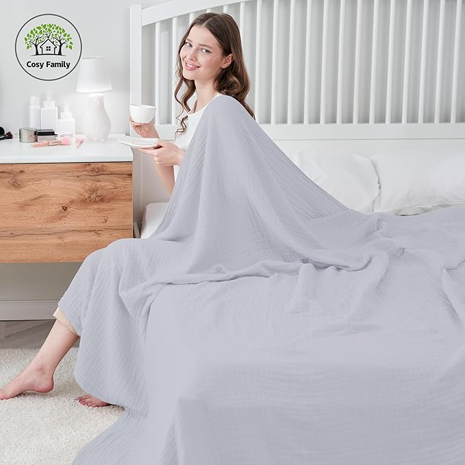 Cosy Family 6 Layer Muslin Bed Blanket - Breathable and Lightweight Gauze Boho Blanket for Spring, Soft 100% Cotton Muslin Blanket, Slate, 55x80 Inches