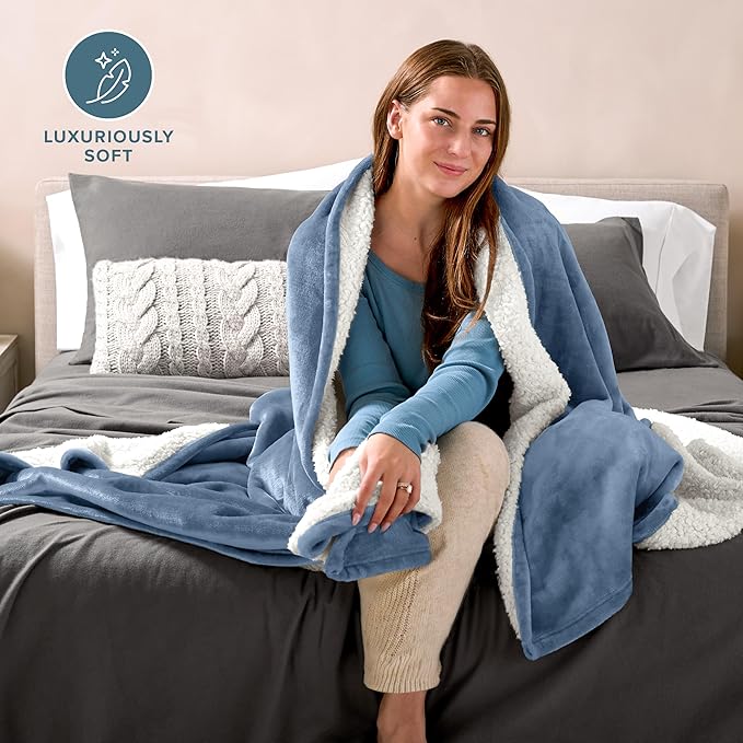 Bare Home Sherpa Fleece Blanket - King Size - Blanket for Bed, Sofa, and Couch - Warm & Lightweight - Fluffy & Soft - Reversible (King, Coronet Blue)