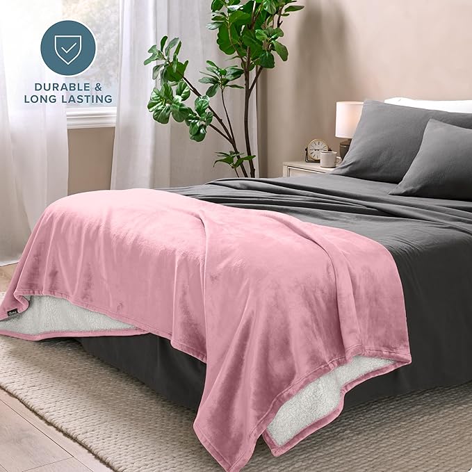 Bare Home Sherpa Fleece Blanket - Twin/Twin Extra Long - Blanket for Bed, Sofa, and Couch - Warm & Lightweight - Fluffy & Soft - Reversible (Twin/Twin XL, Light Pink)