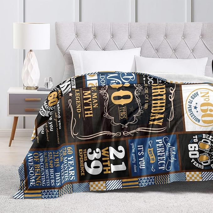 60th Birthday Gifts for Men Blanket 60 x 50 inch, 60 Year Old Birthday Gifts for Men, Gift for 60 Year Old Man, 1965 Mens 60th Birthday Gift Ideas Male, 60 th Birthday Gift for Dad