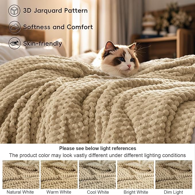PHF Ultra Soft Flannel Fleece Blanket Twin Size, Lightweight 3D Jacquard Fleece Blanket, No Shedding, No Pilling, Luxury 340GSM Fluffy Cozy Bedding for Bed Room Decor, 66"x90", Camel/Light Khaki