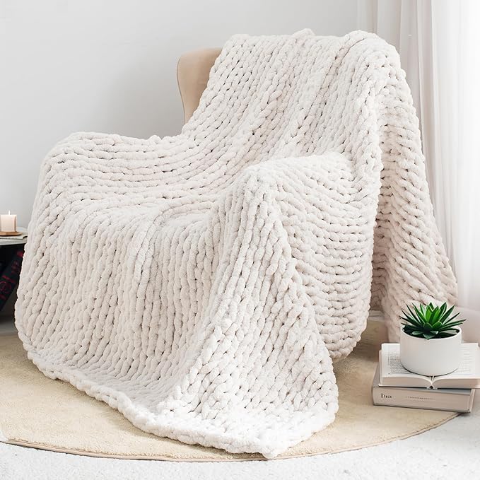 Chunky Knit Throw Blanket 60"X 80", 100% Handmade with Soft Chenille Yarn, 6.7lbs Thick Cable Knitted Blankets, Large Rope Knot Crochet Throws for Couch Sofa Bed Home Decor, Cream White