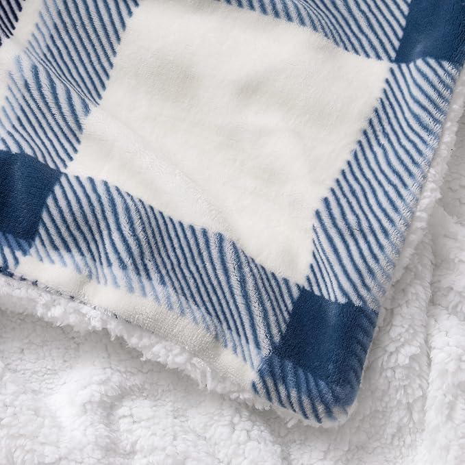 Lucky Brand Sherpa Plaid Ivory/Blue 50"X70" Cozy Plush Blanket - Premium Microfiber Throw for Luxurious Comfort and Style