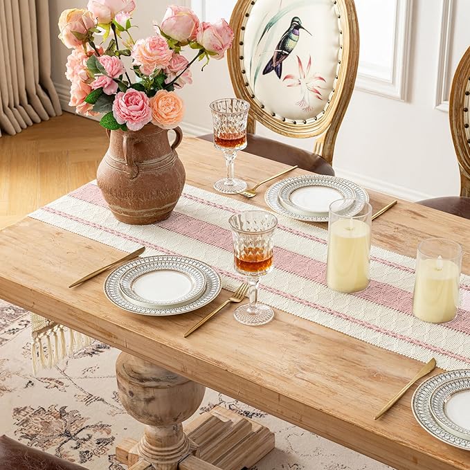 Fancy Homi Pink Table Runner 48 Inches Long Boho Macrame Table Runner for Home Decor, Farmhouse Table Runners with Tassels for Party Bohemian Rustic Bridal Shower Dining Decor 12x48 Inches