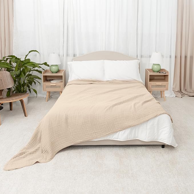 Comfy Cubs Muslin Blanket for Adults Queen 90" x 90" - 6 Layer Soft, Breathable & Lightweight Muslin Adult Blanket - Machine Washable & Designed in The US Bedding for All Seasons - Sand