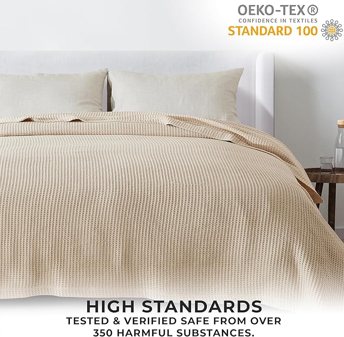 100% Cotton Blanket for Twin Size Bed - Tan Waffle Weave Lightweight Summer Bed Blanket - 90x66in Prewashed Breathable, Woven, Layering Blanket (Twin, Oatmeal)