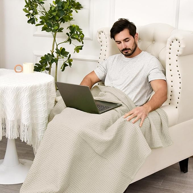 PHF Pre-Washed Cotton Waffle Weave Blanket Throw Size for Couch Bed,Snag Proof Spring Summer Lightweight Breathable,Oeko-TEX Certified,Machine Washable, Home Decor Gift-Linen/Stone
