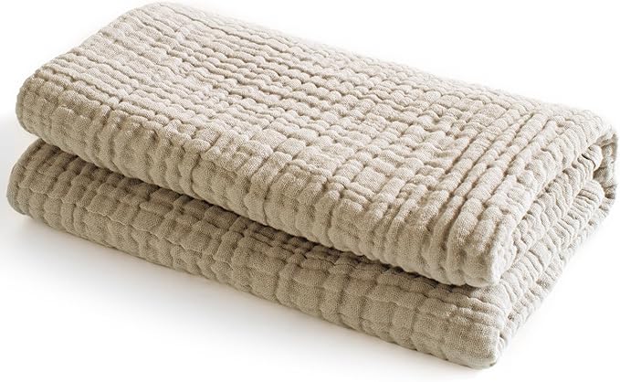 Carriediosa 100% Cotton Muslin Throw Blanket 108" X 90" King Size,4-Layers Summer Gauze Throws for Bed Couch,Soft Lightweight Breathable Linen Blankets Bedspread for Adults All Season,Khaki