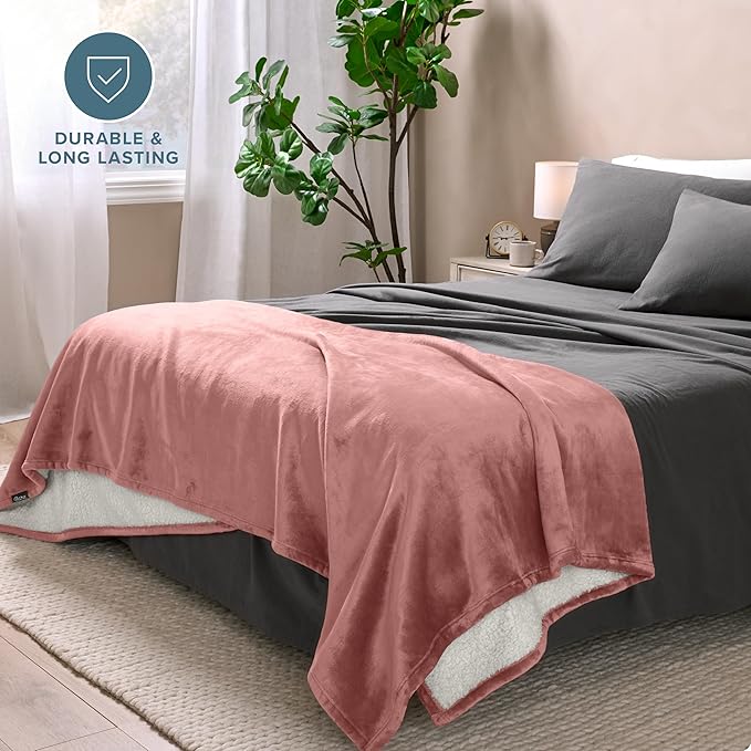 Bare Home Sherpa Fleece Blanket - Full/Queen Size - Blanket for Bed, Sofa, and Couch - Warm & Lightweight - Fluffy & Soft - Reversible (Full/Queen, Old Rose)