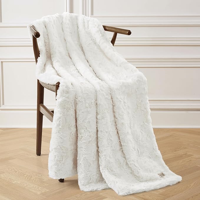 UGG Adalee Faux Fur Throw Blanket Luxury Lightweight Cozy Soft Throw for Couch Bed or Chair Hypoallergenic Machine Washable Double-Sided Fluffy Blanket Home Decor, 50-inch x 70-inch, Natural White