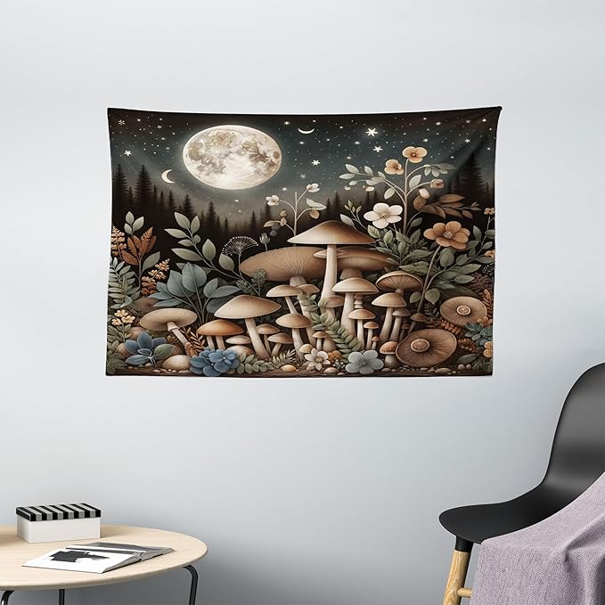 Ambesonne Aesthetic Tapestry, Night Forest Scene with Boho Nature Mushroom Leaves Stars and Full Moon, Wide Wall Hanging for Bedroom Living Room Dorm, 60" X 40", Sepia and Grey Teal
