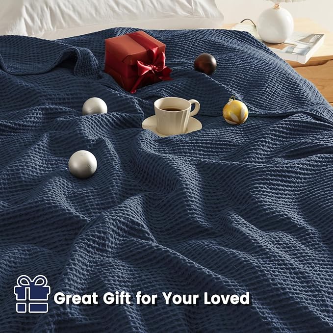 PHF Pre-Washed Cotton Waffle Weave Blanket Throw Size for Bed Couch,Snag Proof Spring Summer Lightweight Breathable,Oeko-TEX Certified,Machine Washable, Home Decor Gift,Dark Navy