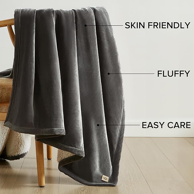 UGG Bliss Throw Blanket Plush Soft Fleece Fluffy Blankets for Bed or Couch Oversized Warm Reversible Machine Washable Medium Weight Home Decor Giftable Throw, 50-inch x 70-inch, Charcoal Grey