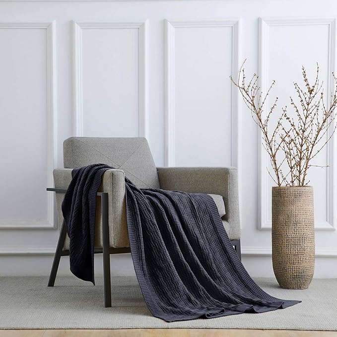 Longhui bedding Cotton Navy Cable Knit Throw Blanket for Couch Chairs Bed Beach, Home Decorative Grey Knitted Blanket, 50 x 60 Inch with a Washing Bag,Silk Bow Tie Package