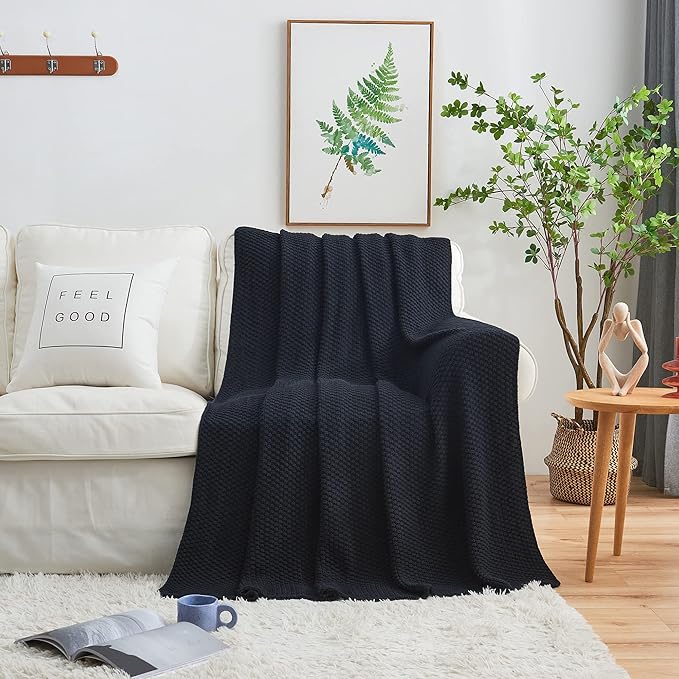 Longhui bedding Dark Navy Blue Knitted Throw Blanket for Couch, Soft, Cozy Machine Washable 100% Cotton Sofa Knit Blankets, Heavy 4.0lb Weight, 60 x 80 Inches, Dark Navy Blue Color.