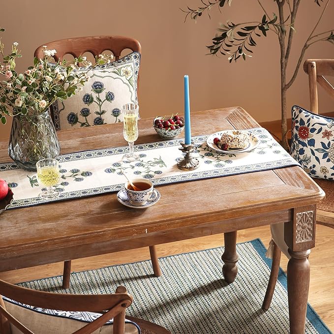 patdrea Designer Blue Rustic Elegant Floral Patterned Linen Table Runner 87 Inch Long,Wrinkle Resistant Table Mat,Decoration for Kitchen Dining and Coffee Tables Banquet Christmas , 12"x87"