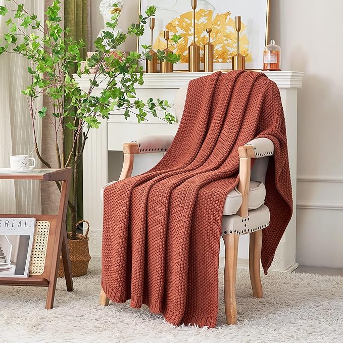 Longhui bedding Chunky Cable Knit Throw Blanket Lightweight Rust 100% Organic Cotton Blanket for Sofa Couch Bed Baby Nursery, Rustic Shabby Chic Modern Farmhouse, 60” x 80” Give Laundering Bag