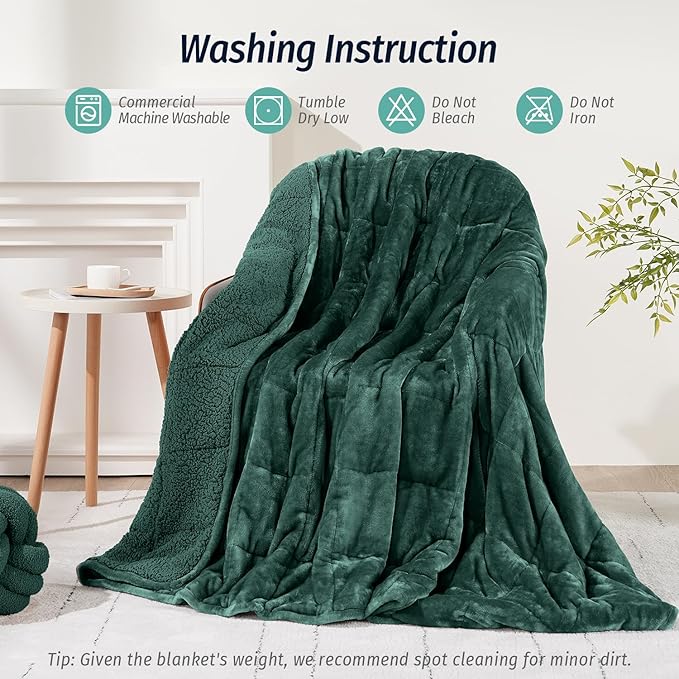Wemore Sherpa Fleece Weighted Blanket for Adult, 20 lbs Dual Sided Cozy Fluffy Heavy Blanket, Ultra Fuzzy Throw Blanket with Soft Plush Flannel Top, 60 x 80 inches, Green on Both Sides