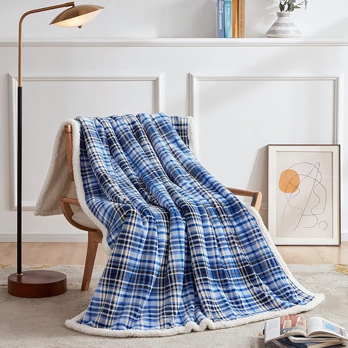 Touchat Sherpa Plaid Throw Blanket(60" X 70", Plaid Blue), Fuzzy Fluffy Cozy Soft Blanket, Fleece Flannel Plush Twin Size Microfiber Blanket for Couch Bed Sofa