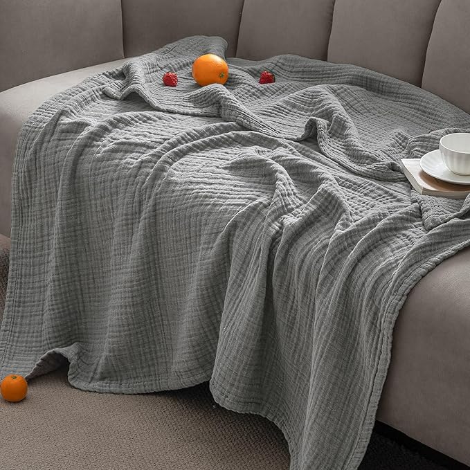 PHF 100% Cotton Muslin Blanket Queen Size 90" x 90", 4-Layer Lightweight and Breathable Blanket for Summer, Luxuriously Soft Gauze Bedding for Bed, Natural Minimalism Style, Ideal Gift, Grey