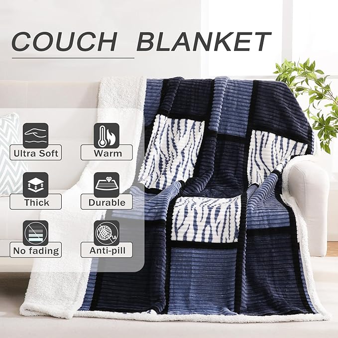 PU MEI Sherpa Blanket Fleece Throw Blanket Queen Plaid Thick Bed Blanket, Soft Warm Cozy Throw Blanket, 80”*90” Zebra-Blue