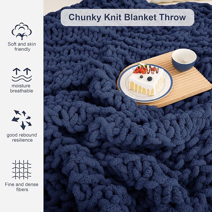 Knit Blanket 40"x50" Navy Blue Cream Soft Washable Chenille Throw Blanket Cozy 100% Handmade Crochet Blankets with Jumbo Chenille Yarn for Couch Bed Sofa Room Decor