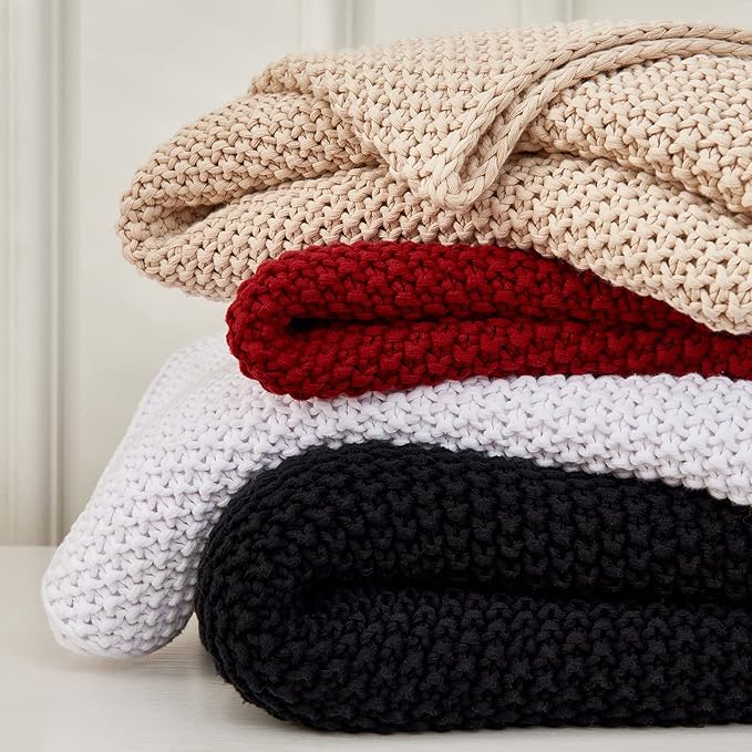 Longhui bedding Chunky Cable Knit Throw Blanket Lightweight Black 100% Organic Cotton Blanket for Sofa Couch Bed Baby Nursery, Rustic Shabby Chic Modern Farmhouse, 60” x 80” Give Laundering Bag