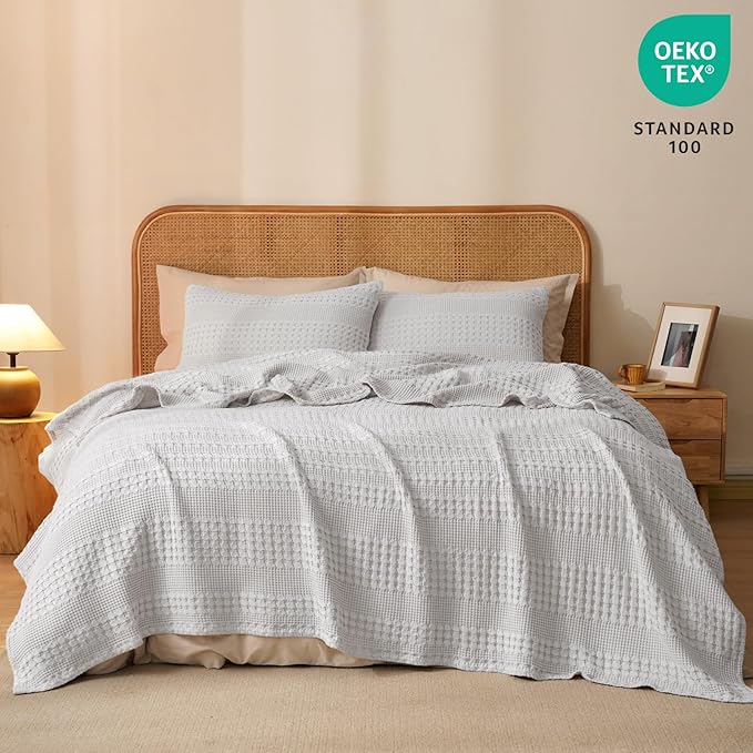 PHF 100% Cotton Waffle Weave Blanket King Size, Soft Lightweight Breathable Cozy Summer Blankets for Bed, Luxury Aesthetic Woven Bedding for Home Decor, 108"x90", Light Grey