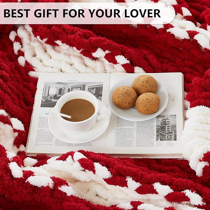L'AGRATY Chunky Knit Blanket Throw - Soft Chunky Throw Blanket 40x50: 100% Hand Kintted Chenile Crochet Throw Blanket for Couch - Large Cable Knit Chunky Blanket for Home Decor(Red and White)