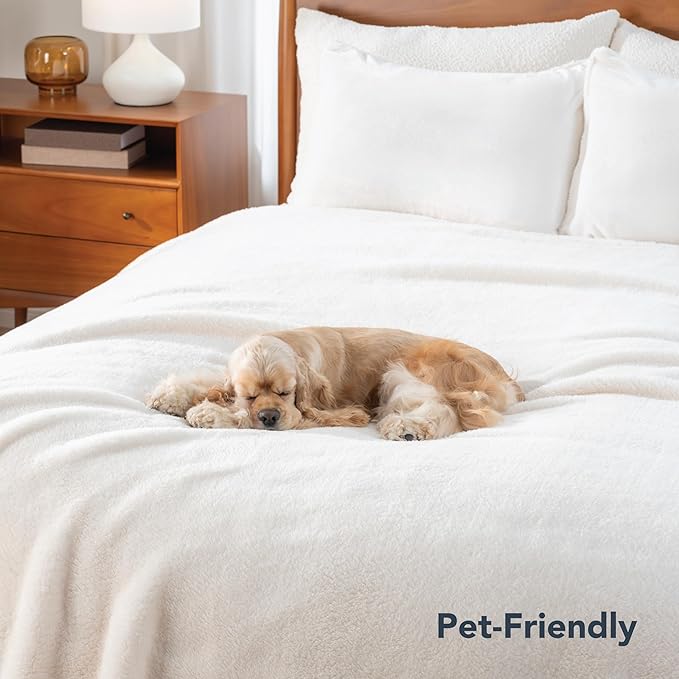 Berkshire Blanket Classic Extra-Fluffy™ Plush Blanket Queen Size, Soft Fuzzy Fluffy Long Hair Blanket for Couch Sofa Bed, Cream, 90x90 Inches