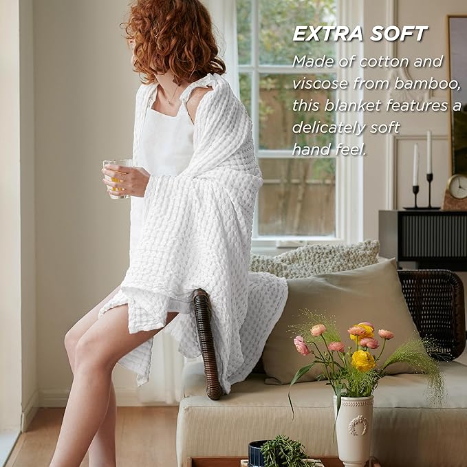 Bedsure Cooling Cotton Waffle Weave Blanket - Lightweight Breathable Blanket of Rayon Derived from Bamboo for Hot Sleepers, Luxury Throws for Bed, Couch and Sofa, White, 50x70 Inches