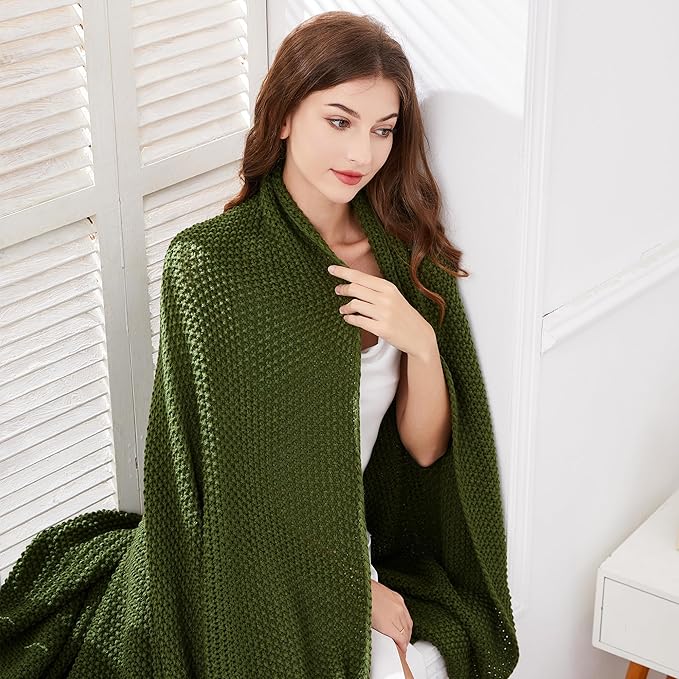 Aganear Knit Throw Blanket for Couch, Knit Throw Blanket for All Seasons, Soft Comfy Lightweight Cable Knitted Throw Blanket for Living Room Bed Office Travel Boho Decor (60"x80", Olive Green)