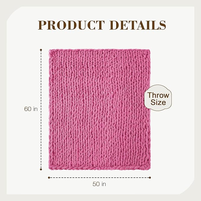 Carriediosa Chunky Knit Throw Blanket 50" X 60", 100% Hand Made Large Chenille Loop Yarn Soft Fluffy Throws for Couch Sofa Bed, Big Crochet Cozy Heavy Thick Cable Woven Blankets, Hot Pink